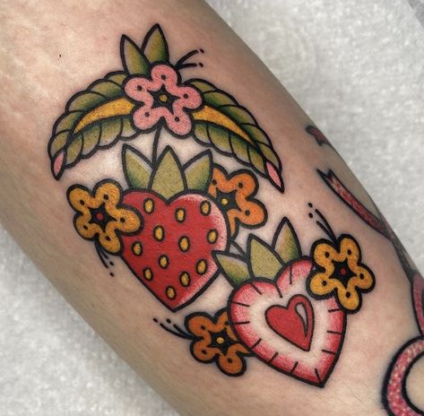 Strawberry Animal Tattoo, Strawberry Moth Tattoo, Tattoos With Hearts In Them, Kawaii Strawberry Tattoo, Heart Shaped Strawberry Tattoo, Straw Berry Tattoo, Color Strawberry Tattoo, Cartoon Strawberry Tattoo, Heart Strawberry Tattoo