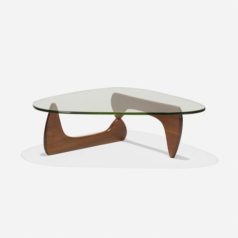 ISAMU NOGUCHI, early coffee table, model IN-50 | Wright20.com Triangle Table, Wood Triangle, Triangle Coffee Table, Noguchi Coffee Table, Isamu Noguchi, Translucent Glass, Teak Coffee Table, Walnut Coffee Table, Glass Top Coffee Table