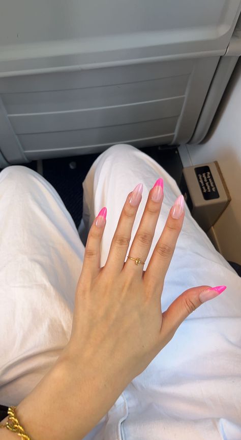 Almond Nails Pink With Design, Almond Trendy Nails Designs, Pastel Pink French Tip Nails, Summer Birthday Nails Almond, Pink Almond French Nails, Neon Pink French Nails, Pink Almond Nails French Tip, Multicolored French Tip Nails, Pink French Almond Nails