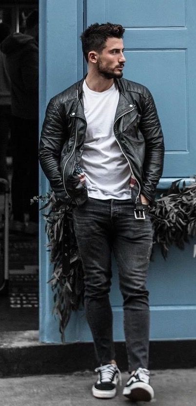 Biker Jacket Men Street Styles, Rock Star Fashion Mens, Rock And Roll Aesthetic Outfit Men, Men’s Metal Fashion, Casual Rocker Style Men, Biker Guy Outfit, Men’s Rocker Style, Bad Guy Style, Modern Rockstar Outfit Men