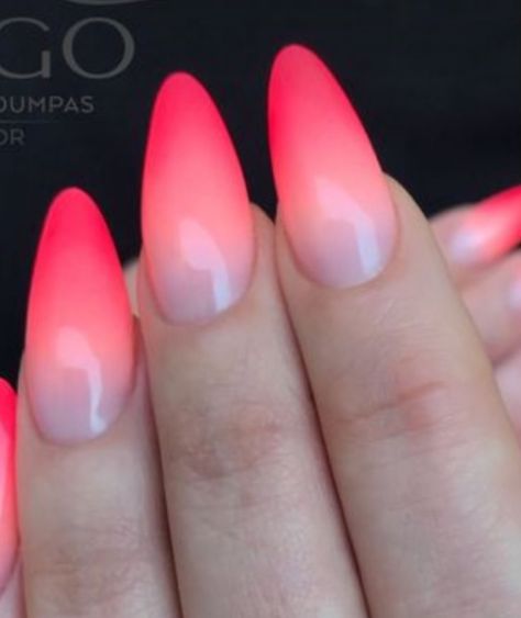 Neon Pink Ombre Nails Short, Orange Ombre Nails Almond, Dark To Light Ombre Nails, Bright Ombré Nails, Ombré Neon Nails, Ombre Summer Nails Neon, Neon Orange Ombre Nails, Pink And Green Ombre Nails, Neon Pink Ombre Nails