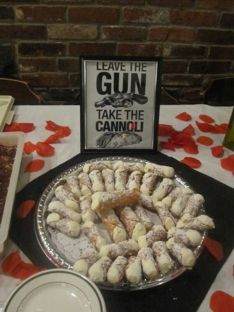 Cannolis More Italian Mobster Theme Party, Italian Mob Party, Godfather Themed Birthday Party, Godfather Party Theme, Godfather Birthday Party, Mob Party Theme, Gangster Wedding Theme, Gangster Birthday Party, Sopranos Party