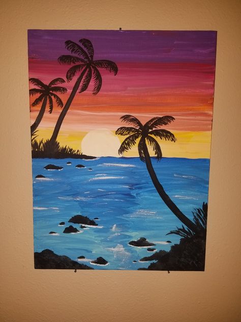 Beach At Sunset Painting, Sunset With Palm Trees Painting, Tropical Canvas Painting, Sunset Palm Tree Painting, Palm Tree Painting Acrylic, Paint Palm Trees, Palm Tree Paintings, Landscape With Palm Trees, Painting Palm Trees