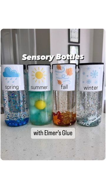 Season Sensory Bottles, Summer Sensory Bottles, Busy Bins, Babysitting Fun, Sensory Bottle, Rainy Spring, Calming Corner, Glitter Snowflakes, Sensory Crafts