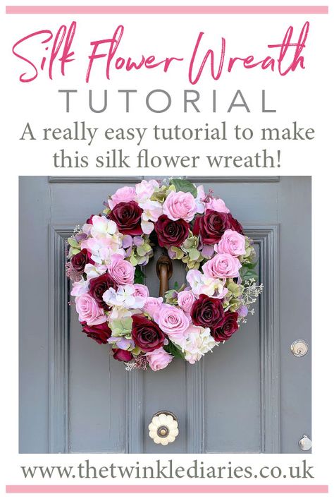 A really really easy tutorial to make this beautiful DIY faux flower wreath — super simple and looks a million dollars. Artificial Flower Wreath Diy, Flower Reef, Flower Wreath Tutorial, Beautiful Door Wreaths, Silk Flower Wreaths, Floral Door Wreaths, Bouquet Tutorial, Easy Diy Wreaths, Flower Wreaths