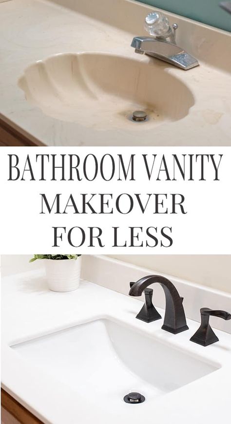 How To Update Bathroom Vanity, Replace Bathroom Countertop, Old Bathroom Vanity Makeover, Townhouse Upgrades, Painting Bathroom Countertops, Bathroom Vanity Redo, Diy Bathroom Vanity Makeover, Vanity Redo, Countertop Redo