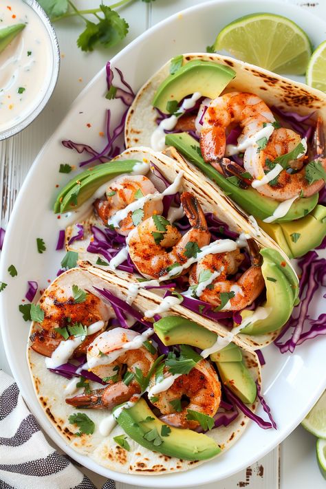 Mouthwatering Keto Shrimp Tacos Recipe with Spicy Lime Crema - Perfect for Dieters #ketodiet #ketorecipes #lowcarb Paleo Shrimp Tacos, Keto Shrimp Tacos, Spicy Crema, Healthy Shrimp Tacos, Shrimp Tacos Recipe, Keto Shrimp Recipes, Spicy Shrimp Tacos, Keto Shrimp, Shrimp Taco Recipes