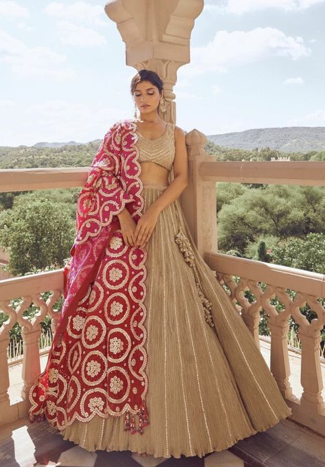 Golden Tissue Lehenga, Mandap Muhurat Outfit For Bride Gujarati, Patola Dupatta With Lehenga, Lehenga Fits, Tissue Lehenga, Lehenga Designs Latest, Brother Wedding, Simple Tops, Indian Designers