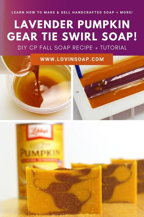 Fall Soap! Learn how to make Lavender Pumpkin Gear Tie Swirl Soap with the DIY CP soap recipe + tutorial on the blog! This cold process recipe features pumpkin puree! Head to the blog for the recipe and full step by step instructions. Happy Pumpkin Soap Making! Fall Soap Recipes, Soap Frosting, Soap Cupcakes, Natural Soaps Recipes, Gear Tie, Pumpkin Soap, Fall Soaps, Cold Process Soap Recipes, Recipe Tutorial