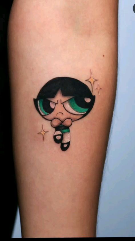 Aesthetic Tattoo Designs For Women, Cartoon Tattoos Women, Small Cartoon Tattoo Ideas, Bubbles Tattoo Powerpuff, Buttercup Powerpuff Tattoo, Power Puff Girls Tattoo, Buttercup Tattoo Powerpuff, Cute Cartoon Tattoos, 90s Baby Tattoo