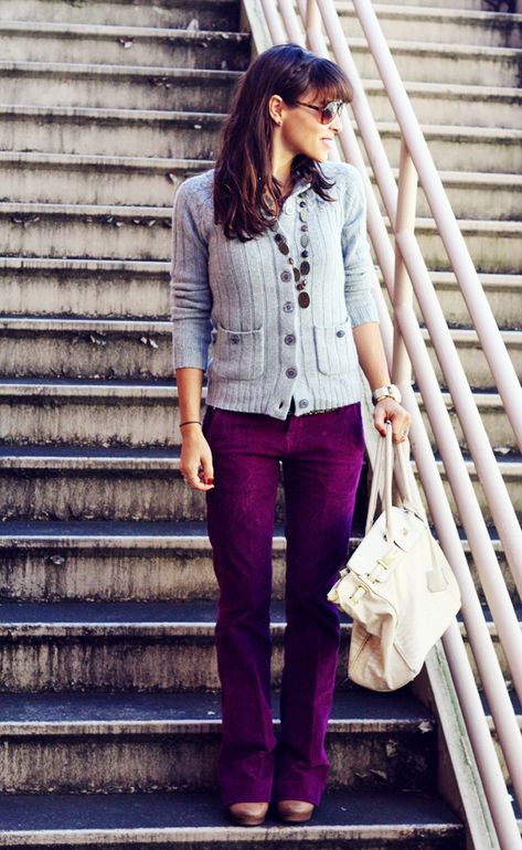 Purple Corduroy Pants Outfit, Corduroy Flare Pants Outfit, Corduroy Pants Outfit, Burgundy Pants, Colored Pants, Hipster Fashion, Colored Denim, We Wear, Pants Outfit