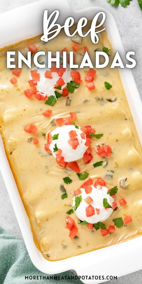 Our ground Beef Enchiladas are packed with flavor and topped with a homemade cheese sauce! Easy on the prep with minimal assembly required. Queso Beef Enchiladas, Ground Beef Cheesy Enchiladas, Beef Enchiladas With Cheese Sauce Easy, Beef Enchilada Recipe With White Sauce, Queso Enchiladas Beef, Beef Bean And Cheese Enchiladas, Beef Enchiladas With Velveeta Cheese, Beef Enchiladas No Red Sauce, White Enchiladas Beef