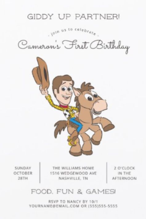 Toy Story Baby Woody 1st Birthday Invitation. Invite all your family and friends to your child's Toy Story themed Birthday with these sweet invites Woody. Toy Story Theme Invitations, Woody Toy Story Party, Woody Party, Woody Birthday, Toy Story Invitations, Baby Birthday Party Theme, Toy Story Baby, Toy Story Theme, 1st Birthday Party Invitations