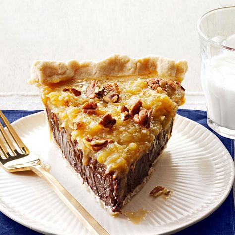 This German chocolate pecan pie combines the ingredients everyone loves in its classic cake cousin. It's so silky and smooth, you won't be able to put your fork down. —Anna Jones, Coppell, Texas Desert Pie, German Chocolate Pecan Pie, German Chocolate Pie, German Chocolate Pies, Moms Kitchen, Chocolate Pie Recipes, Chocolate Pecan Pie, Coconut Pecan, Chocolate Pie