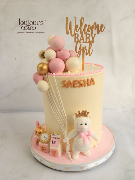 An adorable baby announcement cake for a baby girl with pink and ivory elements with the date, weight and time of birth and little celebratory teddy. Welcome Baby Girl Cake, Its A Girl Cake, Baby Announcement Cake, Birth Cakes, Customised Cakes, Pregnancy Announcement Pictures, Announcement Pictures, Welcome Baby Girl, Baby Name Announcement