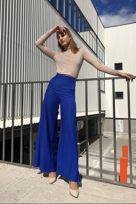 Electric Blue Jeans Outfit, Outfits With Bright Blue Pants, Royal Blue Clothes Color Combos, Blue Office Pants Outfit, Electric Blue Trousers Outfit, Royal Blue Trousers Outfit Women, Bright Blue Jeans Outfit, Blue Pants Outfit Winter, Royal Blue Jeans Outfit