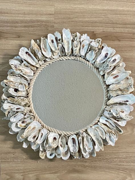 Oyster Shells Diy, Rocks Crafts, Oyster Shell Mirror, Seashell Art Diy, South Carolina Coast, Rustic Mirror, Carolina Coast, Seashell Mirror, Oyster Shell Crafts