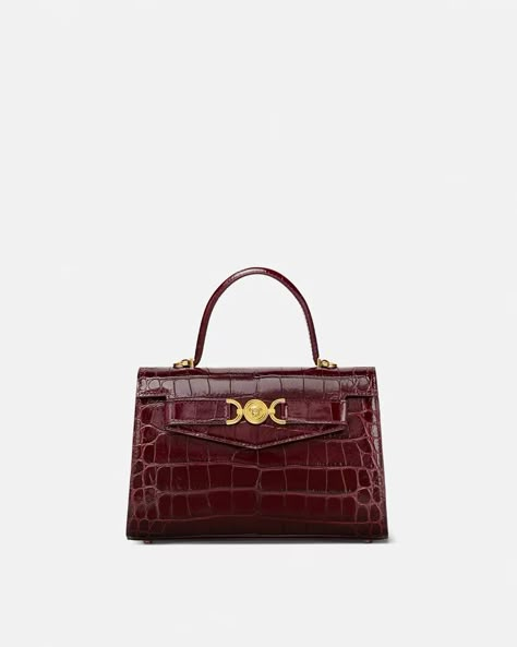 Croc-Effect Medusa '95 Handbag Burgundy | Versace US Versace Medusa Bag, Versace Bag, Luxury Bags Collection, Versace Handbags, Airport Fashion, Purple Bags, Handle Design, Best Bags, Slipper Shoes