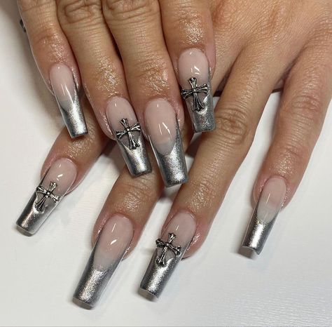 Nail Inspo Gel, Nessa Nails, Cross Nail Art, Cross Nails, Nails Silver, Long Acrylic Nails Coffin, Long Acrylic, Coffin Nails Long, Nails Long