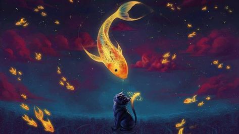 nature animals digital art surreal cat fish goldfish clockwork dials watches clouds numbers skyscraper night stars fantasy art HD Wallpaper Desktop Background Wallpaper Seni, Night Sky Wallpaper, Fish Wallpaper, Art Manga, Star Wallpaper, Art Et Illustration, Foto Art, Cross Paintings, Fish Painting