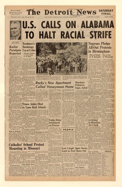 The front page of The Detroit News on May 4, 1963, features news of the Birmingham Campaign, a movement to protest racial segregation in the very divided city. Racial Segregation, 1970s Protest, 1960s Protest, New York Times Newspaper Aesthetic, Newspaper Background, Black Lives Matter Newspaper Headlines, Newspaper Front Pages, Racial Injustice, Usa Today Newspaper