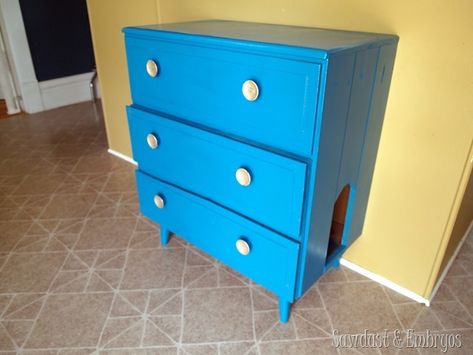 Little dresser turned into a secret litter box getaway for kitty! {Sawdust and Embryos} Dresser Cat Condo, Dresser Drawer Pet Bed, Dresser Tortoise Habitat, Cat Bed Out Of Dresser Drawer, Cat Little Cabinet, Cat Litter Box Diy, Cat Boxes, Diy Litter Box, Dresser Turned