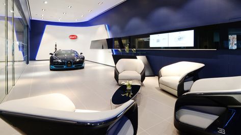 Bugatti opens two new US showrooms with no new cars to sell - Autoblog Bugatti Chiron Interior, Car Showroom Interior, Interior Showroom, Garage Entrance, Luxury Car Interior, Luxury Home Furniture, Bugatti Cars, Car Showroom, Showroom Design