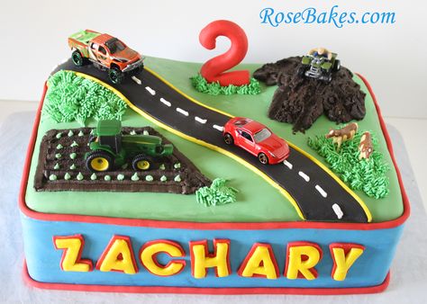 2nd birthday cake.....road with cars, train tracks with train, and either a construction site or airport instead. Transportation Birthday Cake, Cake Car, Tractor Cake, Transportation Party, Cake Table Birthday, Cars Birthday Cake, Fig Cake, Transportation Birthday, Truck Cakes