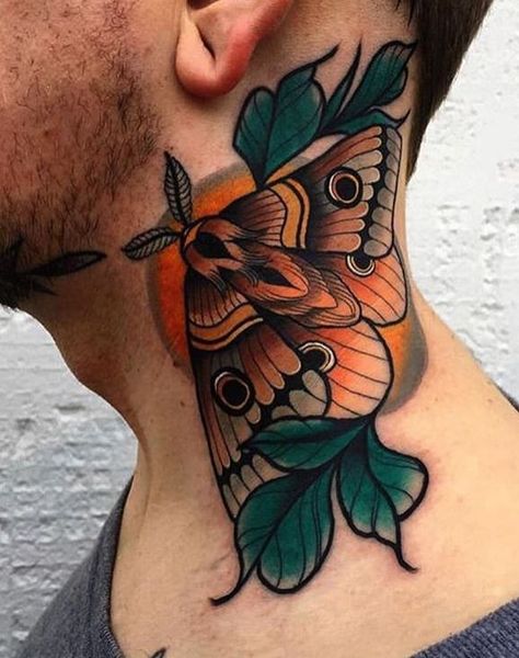 Traditional Tattoo Neck, Flower Neck Tattoo, Butterfly Neck Tattoo, Moth Tattoo Design, See Tattoo, Neo Tattoo, Throat Tattoo, Neck Tattoos Women, Back Of Neck Tattoo