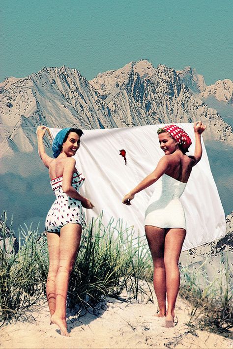 Eugenia Loli | Escape Into Life 1950s Beach, Arte Pin Up, Vintage Bathing Suits, Vintage Swim, Vintage Swimwear, Vintage Swimsuits, Vintage Collage, Vintage Beach, Retro Aesthetic