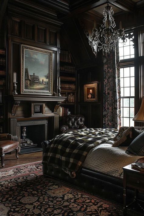 Dark English Bedroom, Bedroom Decor Ideas Dark, Victorian Bedroom Aesthetic, Dark Academia Bedroom Ideas, Bedroom Aesthetic Dark, English Bedroom, Manor Aesthetic, Bedroom Bookcases, Dark Academia Bedroom