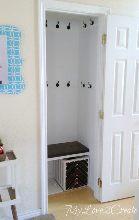 15 Amazing Entryway Storage Hacks & Ideas You'll LOVE Small Entryway Closet, Entryway Closet Organization, Hall Closet Makeover, Hallway Ideas Diy, Entry Closet, Entryway Closet, Hallway Cabinet, Hall Closet, Coat Closet