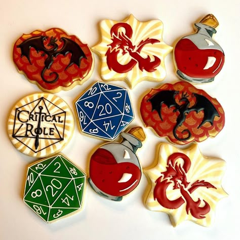 Dungeons And Dragons Cookies Decorated, Dungeons And Dragons Cookies, D&d Cookies, Dnd Birthday Party Ideas, Dnd Baby Shower Ideas, Dice Cookies, Dnd Themed Party, Dnd Snacks, Dragon Party Decor