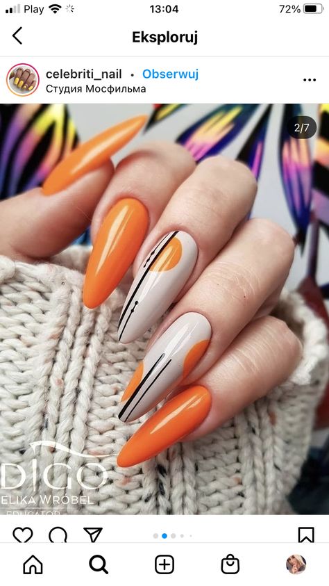 Orange Gel Nail Designs, Orange Nails Art, Orange And White Nails, Orange Nail Designs, Long Nail Designs, Orange Nails, Classy Nails, Floral Nails, Chic Nails