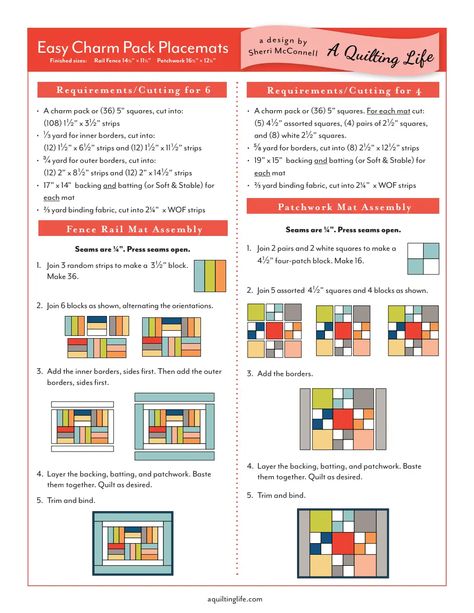 Easy Charm Pack Placemats 2 Ways Pattern.pdf Charm Pack Placemats, Table Runner And Placemats, Charm Pack, Place Mats, Quilting Ideas, Mug Rugs, 2 Way, Sewing Ideas, Table Runner