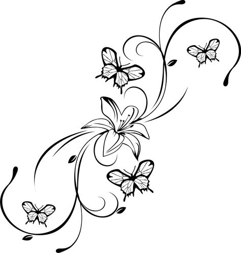 Vine Tattoos, Butterfly Template, Drawing Stencils, Lily Tattoo, Butterfly Tattoo Designs, Pola Sulam, Butterfly Drawing, Tattoo Outline, 자수 디자인