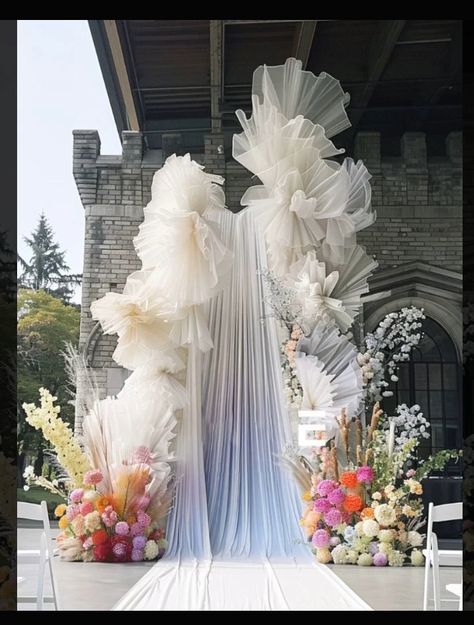 Organza Decorations Wedding, Creative Wedding Arch, Unique Event Decor, Nordic Wedding, Garden Theme Wedding, Wedding Planning Decor, Wedding Backdrop Decorations, Event Backdrop, Ceiling Installation