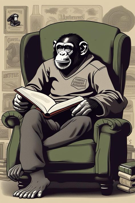 A charming and nostalgic illustration featuring a sophisticated happy chimpanzee lounging in a vintage-style reclining chair. The chimp is dressed in a cozy sweatshirt, exuding confidence as it reads a book titled "Artie's Adventures" with an ancient-looking font. The artwork, inspired by Pendleton Ward's distinctive style, showcases round chimpanzee eyes and expressive, curious features. The warm, inviting atmosphere of the piece creates a sense of cozy relaxation and comfort, making it a delightful and captivating work of art 
https://apps.apple.com/us/app/genzart-ai-art-generator/id1669915100 Nostalgic Illustration, Pendleton Ward, Reclining Chair, Art Generator, Cozy Sweatshirts, Biology, A Book, Books To Read, Vintage Style