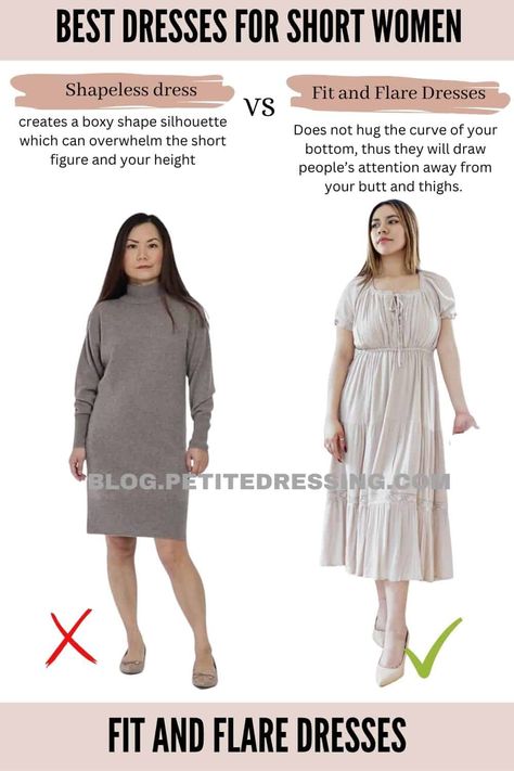 I'm 5'2", these are the 8 Best Dresses for Short Women Short Curvy Women Fashion, Right Dresses, Style For Short Women, Shapeless Dress, Outfits For Short Women, Petite Dressing, Waistline Dress, Dress For Petite Women, Hips Dips