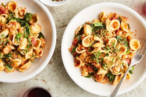 Orecchiette With ’Nduja, Shrimp and Tomatoes Recipe - NYT Cooking Banza Pasta Recipes, Chickpea Pasta Recipes, Oven Risotto, Banza Chickpea Pasta, Black Bean Pasta, Banza Pasta, Orecchiette Pasta, Bean Pasta, Squash Pasta