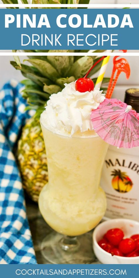 Frozen Pina Colada drink recipe perfect for summer cocktails. Easy recipe to make by the glass or pitcher. Mixed cocktail recipe for happy hour, summer bbq's, game day or whenever you want a tropical cocktail that is refreshing and delicious. Creamy alcoholic drink that's a rum cocktail recipe. Malibu Pina Colada, Pina Colada Drink, Cocktails With Malibu Rum, Drinks Alcohol Recipes Easy, Malibu Cocktails, Frozen Drinks Alcohol, Pina Colada Drinks, Frozen Pina Colada, Bowl Cocktails