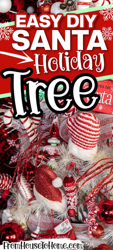 easy DIY santa holiday tree Santa Christmas Tree Theme, Elegant Christmas Tree Decorating Ideas, Christmas Pictures With Lights, Christmas Tree Theme Ideas, Christmas Lights Diy, Unique Christmas Trees Themes, Red And White Ornaments, Tree Theme Ideas, Santa Tree Topper