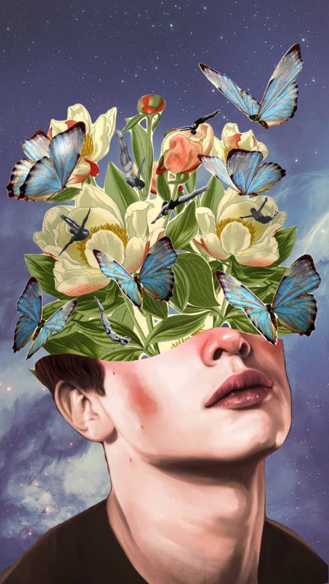 Surrealism Art Portrait, Things Coming Out Of Head Art, Surrealist Portrait Painting, Head Explosion Art, Get Out Of My Head Art, Surrealism Portrait Painting, Surrealist Self Portrait, Open Head Art, Surreal Collage Art Photomontage