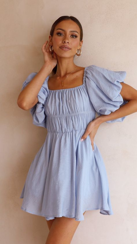 Light Blue Dress Casual, Pleated Party Dress, Beach Holiday Dresses, Knee Skirt, Marine Uniform, Flare Sleeve Dress, Balloon Sleeve Dress, Knee Skirts, Solid Color Dress