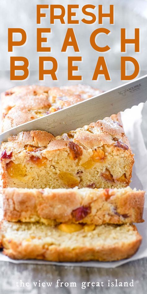 Buttermilk peach bread is a simple quick bread loaded with juicy chunks of fresh peach ~ if you're looking for an easy peach recipe that goes from breakfast to dessert, you've found it! Fresh Peach Bread, Bread With No Yeast, Cinnamon Loaf Cake, Peach Quick Bread, Dessert Cinnamon, Cinnamon Loaf, Fresh Peach Recipes, Peach Bread, Bread Soft