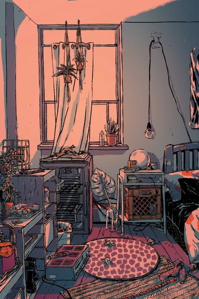 Avery Kua Illustration Apartment Drawing Sketch, Bedroom Illustration, Altar Space, Bedroom Drawing, Black Color Hairstyles, Photographie Portrait Inspiration, Color Hairstyles, City Drawing, Messy Room