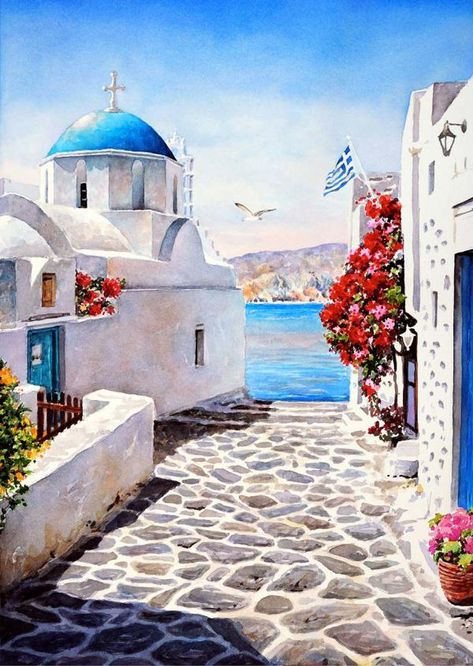 amorgos600_844 Building, Canvas, Water, Flowers, Blue, Art