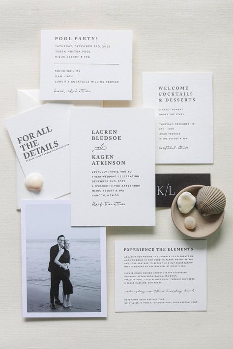 Looking for modern stationery inspo? Look no further than this monochromatic wedding at Nizuc Resport and Spa!Photography: Gracie Byrd Jones (http://graciebyrdjones.com) Destination Wedding Mood Board, Destination Wedding Invitation Suite, Modern Grace Kelly, Mexico Wedding Invitations, Minimal Modern Wedding, Luxury Invitation Card, Minimal Wedding Decor, Monochromatic Wedding, Modern Wedding Invitation Suite