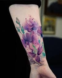 Violet Watercolor Tattoo, Flower Garden Tattoo, Floral Watercolor Tattoo, Purple Flower Tattoos, Lily Tattoos, Sleeve Filler, Tattoo Sleeve Filler, Flower Tat, Garden Tattoos