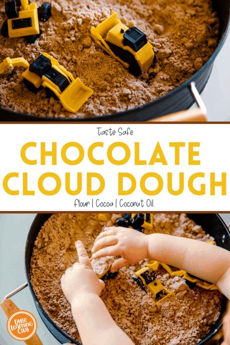 Taste safe chocolate cloud dough! A great sensory activity for toddler and preschoolers. Just three ingredients: flour, cocoa and coconut oil! Ark Recipes, Taste Safe Sensory, Cloud Dough Recipes, Sands Recipe, Babysitting Activities, Club Activities, Cream Of Tarter, Baby Sensory Play, Cloud Dough